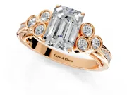 Cluster Engagement Ring Setting for Emerald Cut Center with Bezel Accent Clusters and Prong Head in Rose Gold