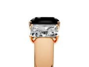 3 Stone Engagement Ring Setting for Fancy Black Radiant Cut Center with Raised Basket Heads and Prong Head in Rose Gold