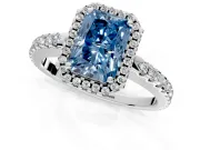 Accent Halo Engagement Ring Setting for Fancy Blue Radiant Cut Center with Full-Length Pave Band and Prong Head in Sterling Silver