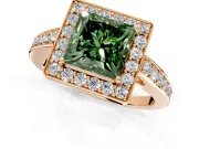 Bezel-Framed Halo Engagement Ring Setting for Fancy Green Princess Cut Center with Pave Band and Prong Head in Rose Gold