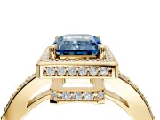 Halo Engagement Ring Setting for Fancy Blue Emerald Cut Center with Metal-Rimmed Halo, Pave Band and Prong Head in Yellow Gold