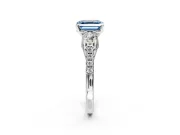 3 Stone Engagement Ring Setting for Fancy Blue Asscher Cut Center with Crossover Basket, Pave Band and Prong Head in Platinum