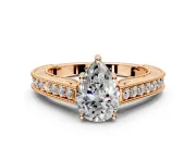 Solitaire Engagement Ring Setting for Pear-Shaped Center with Engraved Pave Band and Prong Head in Rose Gold