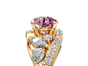 Halo Engagement Ring Setting for Fancy Pink Round Cut Center with Marquise and Pave Bypass Band and Prong Head in Yellow Gold