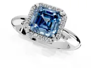 Halo Engagement Ring Setting for Fancy Blue Asscher Cut Center with Tapered Plain Band and Prong Head in Sterling Silver