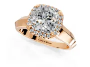 Halo Engagement Ring Setting for Cushion Cut Center with Knife Ridge Cathedral Band and Prong Head in Rose Gold