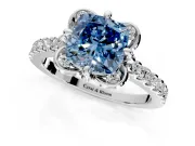Floral Engagement Ring Setting for Fancy Blue Cushion Cut Center with Pave Band and Floral Prong Head in Sterling Silver