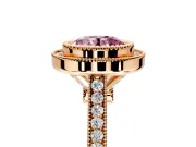 Halo Engagement Ring Setting for Fancy Pink Round Cut Center with Milgrain Frame, Pave Band and Prong Head in Rose Gold