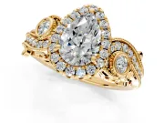 Milgrain Halo Engagement Ring Setting for Pear-Shaped Center with Shoulder Bezels and Prong Head in Yellow Gold