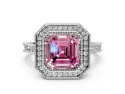 Halo Engagement Ring Setting for Fancy Pink Asscher Cut Center with Milgrain Pave Band and Bezel Head in White Gold
