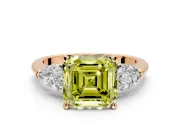 3 Stone Engagement Ring Setting for Fancy Yellow Asscher Cut Center with Large Pear-Shaped Accents and Prong Head in Rose Gold