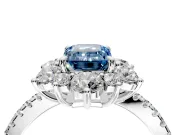 Floral Halo Engagement Ring Setting for Fancy Blue Emerald Cut Center with Pave Accents and Prong Head in Platinum