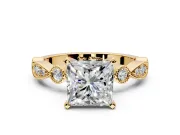 Solitaire Engagement Ring Setting for Princess Cut Center with Milgrain Bezel Accents and Prong Head in Yellow Gold