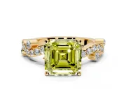 Solitaire Engagement Ring Setting for Fancy Yellow Asscher Cut Center with Bar-Station Pave Twist and Prong Head in Yellow Gold