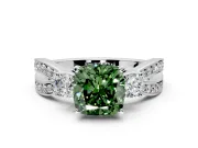 3 Stone Engagement Ring Setting for Fancy Green Cushion Cut Center with Pave Twist Band and Prong Head in White Gold