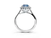 Starburst Halo Engagement Ring Setting for Fancy Blue Cushion Cut Center with Thin Round-Wire Band and Prong Head in Platinum