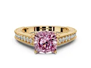Solitaire Engagement Ring Setting for Fancy Pink Cushion Cut Center with Engraved Pave Band and Prong Head in Yellow Gold