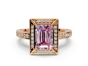 Halo Engagement Ring Setting for Fancy Pink Emerald Cut Center with Framed Halo, Pave Band and Prong Head in Rose Gold