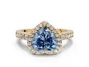 Halo Engagement Ring Setting for Fancy Blue Heart-Shaped Center with Full Pave Band and Prong Head in Yellow Gold