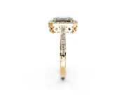 Halo Engagement Ring Setting for Emerald Cut Center with Heart-Shaped Openwork, Pave Band and Prong Head in Yellow Gold