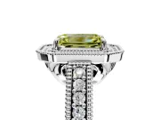 Milgrain Halo Engagement Ring Setting for Fancy Yellow Emerald Cut Center with Pave Band and Prong Head in White Gold