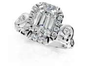 Halo Engagement Ring Setting for Emerald Cut Center with Open Scroll Shoulders and Prong Head in Sterling Silver