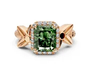 Halo Engagement Ring Setting for Fancy Green Radiant Cut Center with Floral Band and Prong Head in Rose Gold