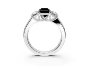 3 Stone Engagement Ring Setting for Fancy Black Radiant Cut Center with Raised Basket Heads and Prong Head in Sterling Silver