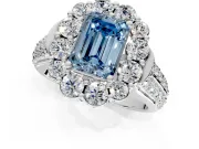 Large Accent Halo Engagement Ring Setting for Fancy Blue Emerald Cut Center with Pave Split Shank and Prong Head in Sterling Silver