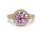Bezel-Framed Halo Engagement Ring Setting for Fancy Pink Round Cut Center with Pave Band and Prong Head in Yellow Gold