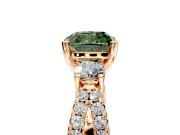 3 Stone Engagement Ring Setting for Fancy Green Cushion Cut Center with Pave Split Shank and Prong Head in Rose Gold