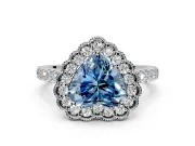 Milgrain Floral Halo Engagement Ring Setting for Fancy Blue Heart-Shaped Center with Pave Band and Prong Head in Sterling Silver