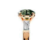 3 Stone Engagement Ring Setting for Fancy Green Round Cut Center with Tapered Baguettes, Plain Band and Prong Head in Rose Gold