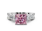 3 Stone Engagement Ring Setting for Fancy Pink Princess Cut Center with Pave Split Shank and Prong Head in Sterling Silver