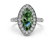 Bezel-Framed Halo Engagement Ring Setting for Fancy Green Marquise Center with Pave Band and Prong Head in Platinum