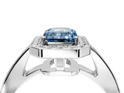 Bezel-Framed Halo Engagement Ring Setting for Fancy Blue Emerald Cut Center with Pave Band and Prong Head in Platinum