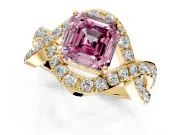 Halo Engagement Ring Setting for Fancy Pink Asscher Cut Center with Pave Infinity Twist Band and Prong Head in Yellow Gold