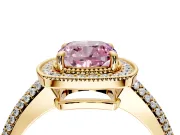 Milgrain Halo Engagement Ring Setting for Fancy Pink Cushion Cut Center with Three-Sided Pave Band and Prong Head in Yellow Gold