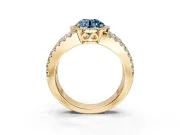Halo Engagement Ring Setting for Fancy Blue Round Cut Center with Wide-Open Pave Split Shank and Prong Head in Yellow Gold