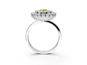 Halo Engagement Ring Setting for Fancy Yellow Oval Center with Milgrain Bezel Rim, Plain Band and Prong Head in White Gold