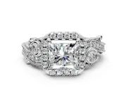 Milgrain Halo Engagement Ring Setting for Princess Cut Center with Shoulder Bezels and Prong Head in Sterling Silver