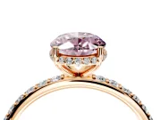 Hidden Halo Engagement Ring Setting for Fancy Pink Oval Center with Pave Band and Prong Head in Rose Gold