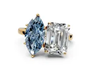 Fancy Blue Marquise and Emerald Cut Lab-Grown Diamond Toi et Moi Engagement Ring with Prong-Set Stones in Yellow Gold