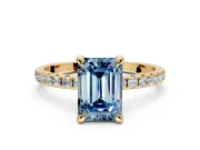 Solitaire Engagement Ring Setting for Fancy Blue Emerald Cut Center with Fine Pave Narrow Band and Prong Head in Yellow Gold