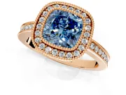 Halo Engagement Ring Setting for Fancy Blue Cushion Cut Center with Milgrain Halo, Pave Band and Prong Head in Rose Gold