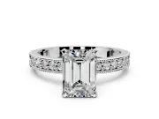 Milgrain Pave Engagement Ring Setting for Emerald Cut Center with Accent Band and Prong Head in White Gold