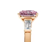 3 Stone Engagement Ring Setting for Fancy Pink Radiant Cut Center with Channel Baguette Accents and Prong Head in Rose Gold