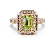 Halo Engagement Ring Setting for Fancy Yellow Emerald Cut Center with Milgrain Pave Band and Bezel Head in Rose Gold