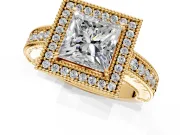 Milgrain Halo Engagement Ring Setting for Princess Cut Center with Pave Band and Prong Head in Yellow Gold