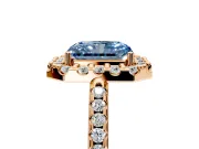 Pave Halo Engagement Ring Setting for Fancy Blue Radiant Cut Center with Single Row Pave Band and Prong Head in Rose Gold